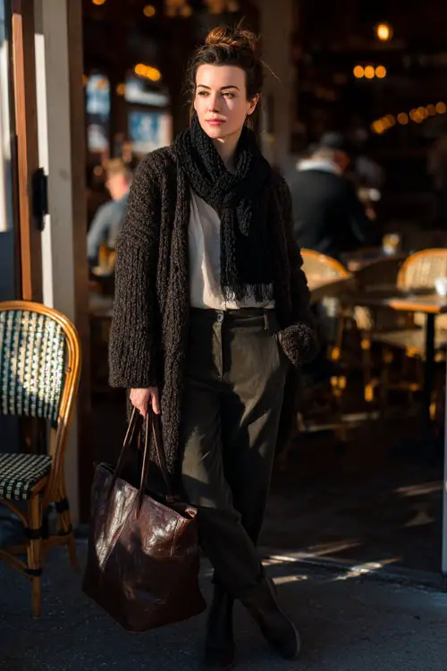 A woman in a chunky cardigan layered over a simple blouse and tailored pants, accessorized with a scarf and leather tote, posing near café tables in a winter brunch scene