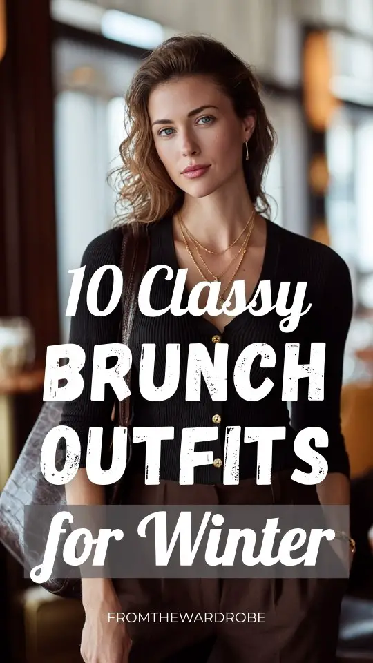 A woman in a classy brunch outfit for winter with a fitted cardigan buttoned up and paired with tailored trousers, accessorized with minimal gold jewelry and a leather tote