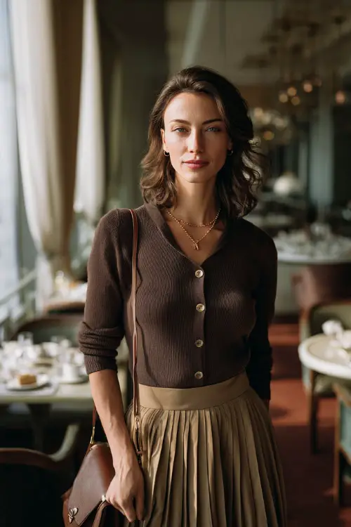 A woman in a fitted cardigan buttoned up and paired with a pleated midi skirt, accessorized with delicate jewelry and a leather shoulder bag 
