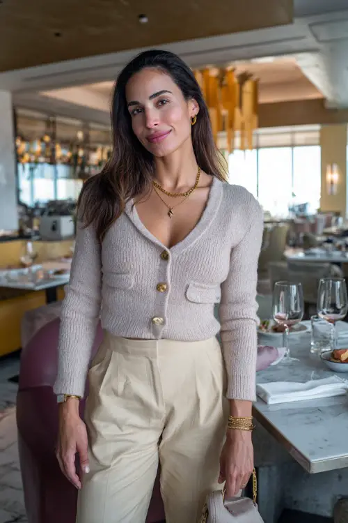 A woman in a fitted cardigan buttoned up and paired with tailored trousers, accessorized with gold jewelry and a small handbag
