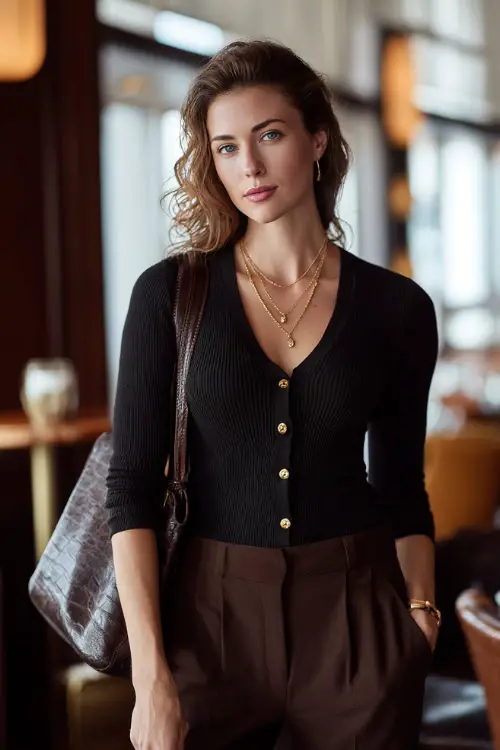 A woman in a fitted cardigan buttoned up and paired with tailored trousers, accessorized with minimal gold jewelry and a leather tote