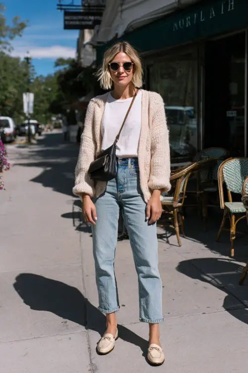 A woman in a lightweight cardigan layered over a simple tee and high-waisted jeans, paired with loafers and a crossbody bag, posing on a sunny sidewalk near a brunch café