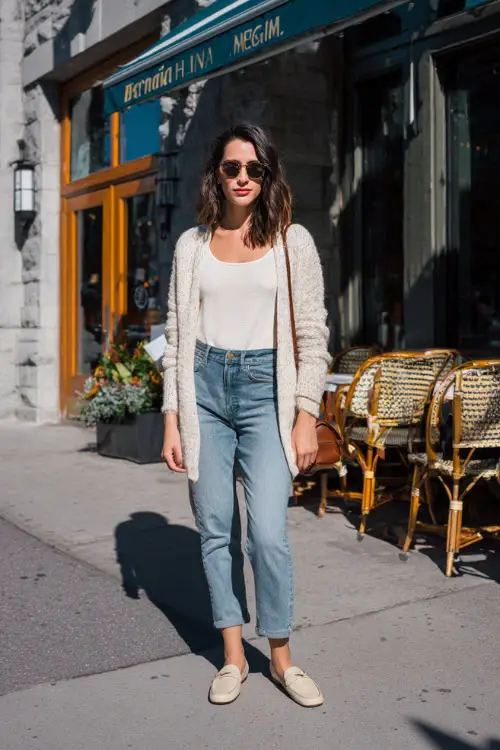 A woman in a lightweight cardigan layered over a simple tee and high-waisted jeans, paired with loafers and a crossbody bag