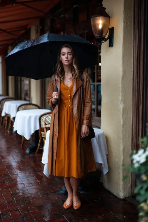 A woman in a midi dress layered with a water-resistant coat, paired with closed-toe flats and a shoulder bag