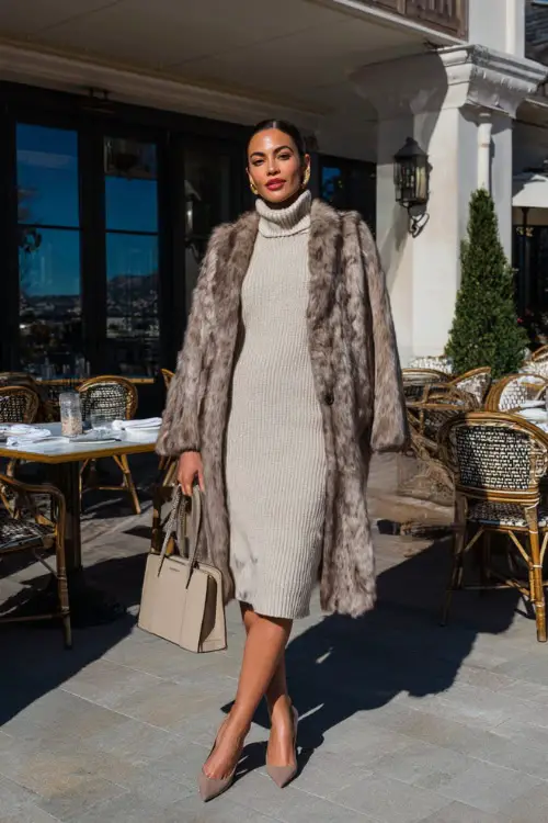 A woman in a polished sweater dress layered with a wrap coat and finished with classic heels, carrying a structured handbag