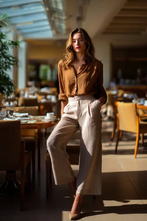 A woman in a relaxed blouse paired with wide-leg trousers and low block heels, posing inside a sunlit breakfast brunch café with a calm atmosphere