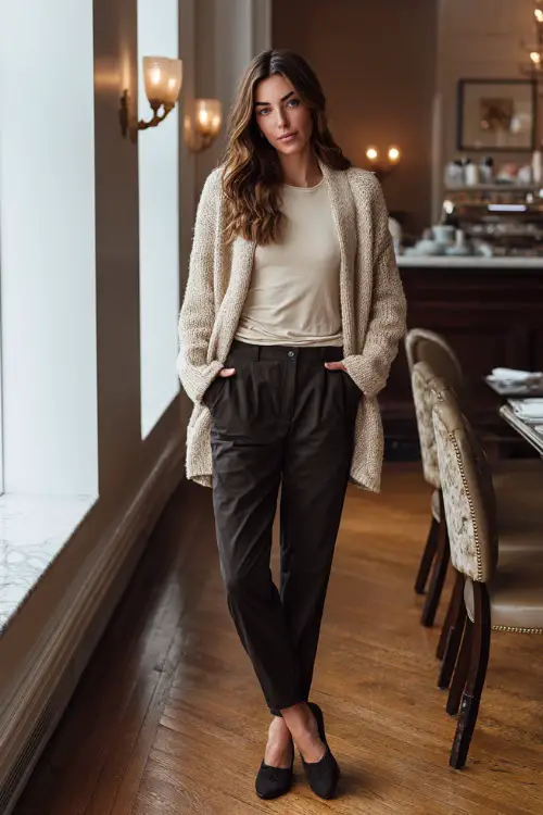 A woman in a relaxed cardigan layered over a simple long-sleeve top, paired with tailored pants and comfortable flats, posing near café tables in a winter brunch setting 