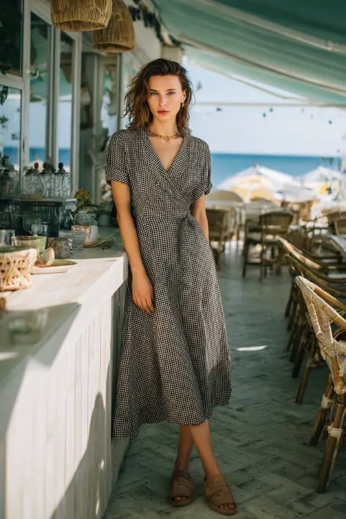 A woman in a relaxed midi dress with short sleeves, paired with flat sandals and minimal jewelry, posing near a cozy breakfast brunch spot with natural daylight