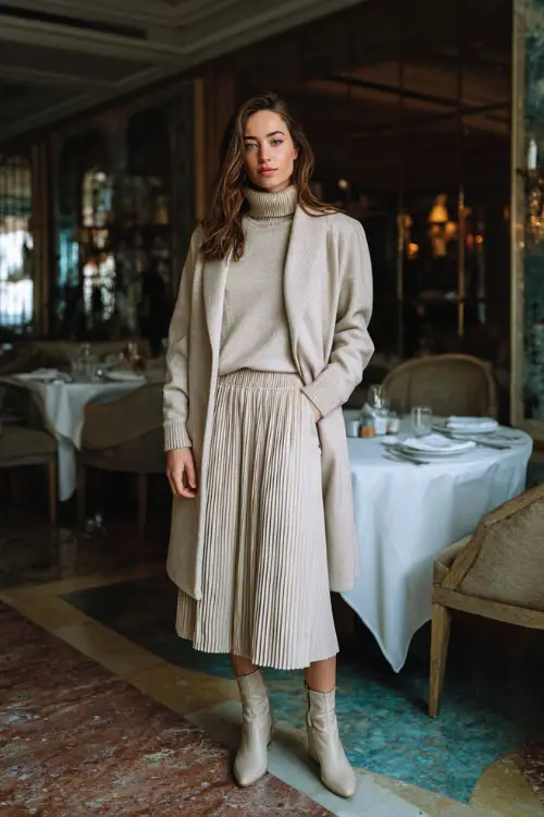 A woman in a soft cashmere sweater tucked into a pleated midi skirt, layered with a structured coat and ankle boots