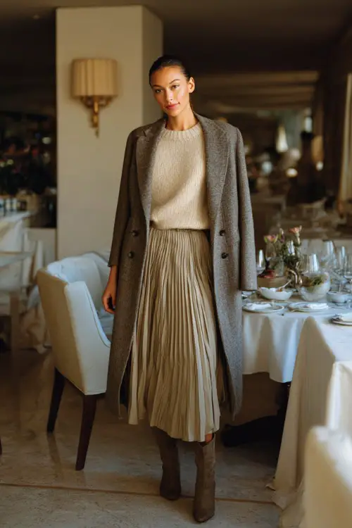 A woman in a soft cashmere sweater tucked into a pleated midi skirt, layered with a structured coat and ankle boots