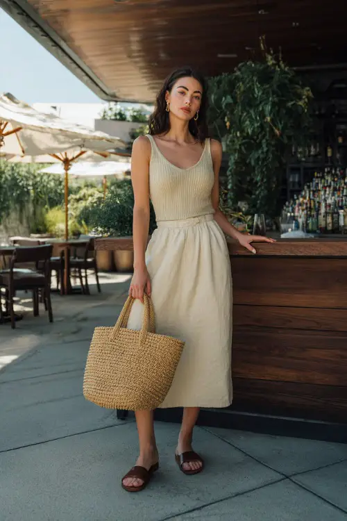 A woman in a soft knit top paired with a casual midi skirt and flat sandals, accessorized with a straw tote, posing at a laid-back brunch spot