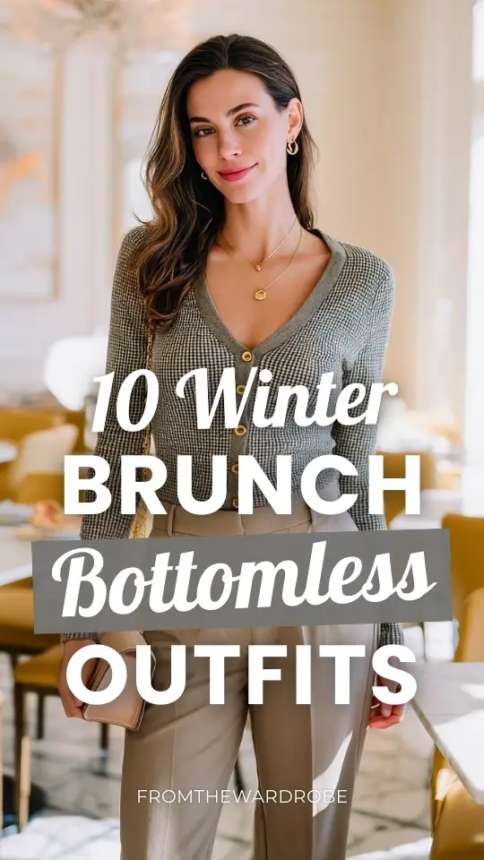 A woman in a winter brunch bottomless outfit with a fitted cardigan buttoned up and paired with tailored trousers, accessorized with gold jewelry and a small handbag