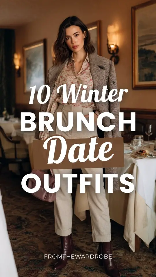 A woman in a winter brunch date outfit with straight-leg trousers paired with a romantic blouse and a refined wool coat, styled with heeled boots and a structured handbag
