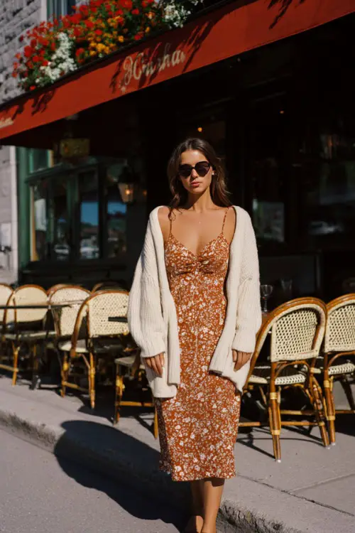 A woman in block-heel sandals paired with a midi dress and a lightweight cardigan, posing on a sunny sidewalk near a brunch café