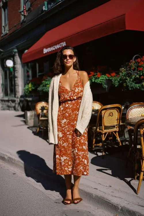 A woman in block-heel sandals paired with a midi dress and a lightweight cardigan, posing on a sunny sidewalk near a brunch café