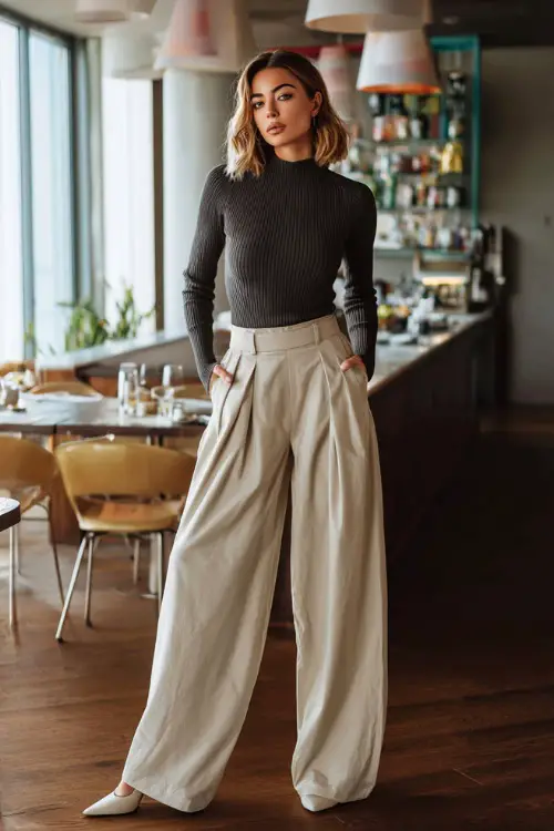 A woman in pointed-toe flats paired with wide-leg trousers and a fitted knit top, posing near a modern brunch restaurant with natural light