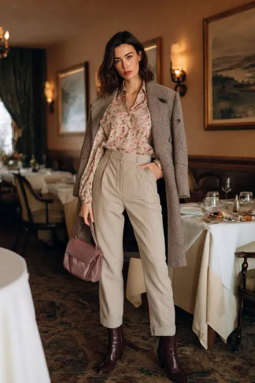 A woman in straight-leg trousers paired with a romantic blouse and a refined wool coat, styled with heeled boots and a structured handbag, posing in a cozy winter brunch date environment