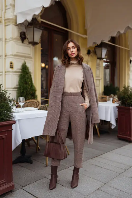 A woman in straight-leg trousers paired with a soft turtleneck and a wrap coat, styled with ankle boots and a leather handbag, standing outside a stylish winter brunch restaurant