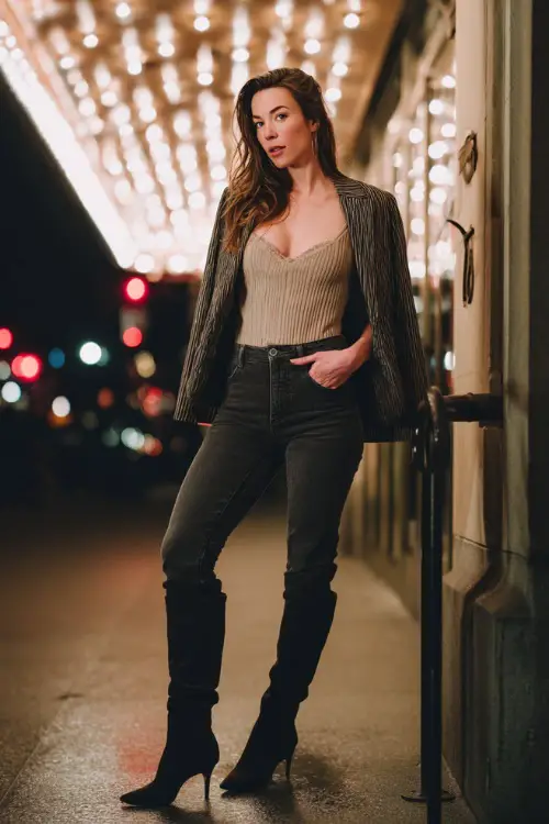 A woman over 30 wears a beige ribbed top tucked into dark straight-leg jeans, paired with tall heeled boots and a structured blazer, posing near winter string lights above a restaurant entrance
