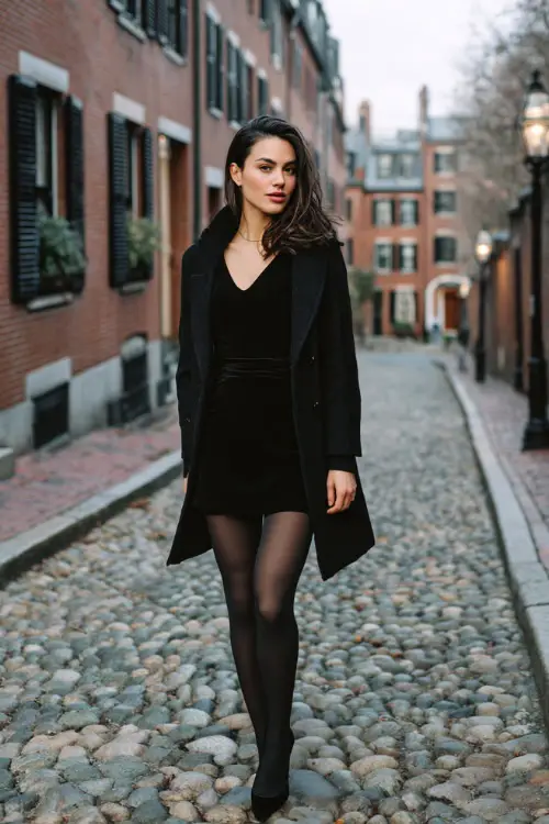 A woman over 30 wears a black cashmere dress with long sleeves, a structured black coat, sheer tights, and black pumps, full body on a cobblestone street lined with vintage townhouses