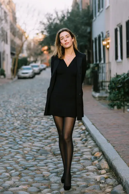 A woman over 30 wears a black cashmere dress with long sleeves, a structured black coat, sheer tights, and black pumps