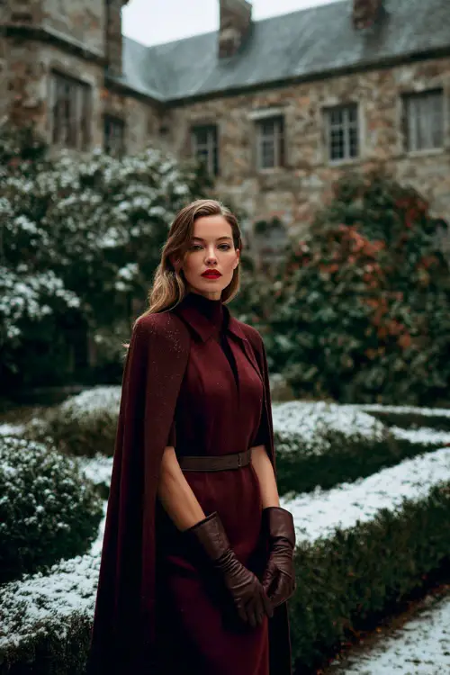 A woman over 30 wears a burgundy long-sleeved midi dress with a structured silhouette, layered with a wool cape and leather gloves