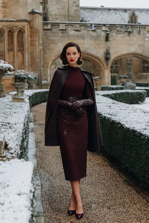 A woman over 30 wears a burgundy long-sleeved midi dress with a structured silhouette, layered with a wool cape and leather gloves