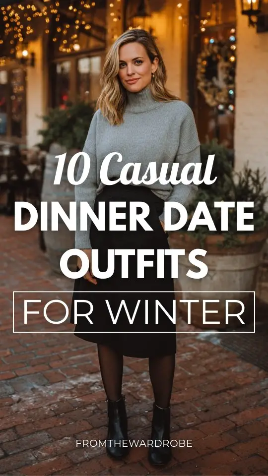 A woman over 30 wears a casual dinner date night outfit with a soft gray sweater tucked into a black A-line midi skirt, styled with tights and ankle boots