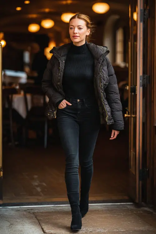 A woman over 30 wears a charcoal turtleneck with slim black jeans, heeled booties, and a quilted jacket, walking toward a warm