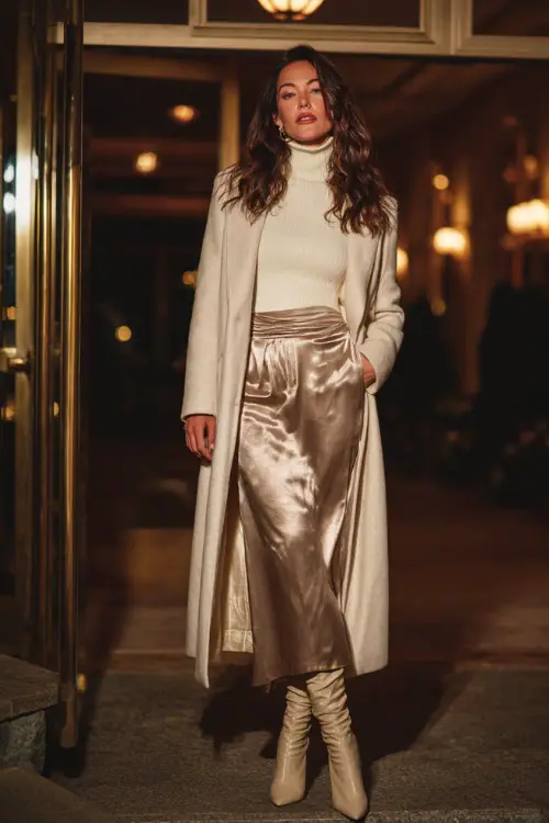 A woman over 30 wears a cream cashmere turtleneck tucked into a satin champagne maxi skirt, paired with elegant heeled boots and a structured wool coat