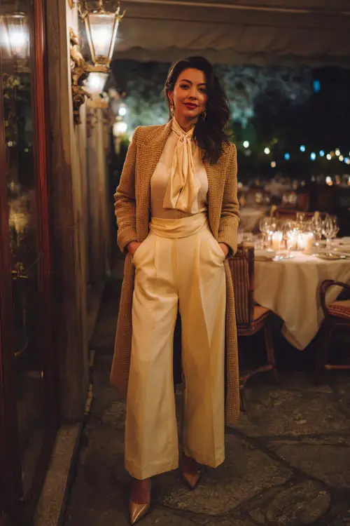 A woman over 30 wears a cream silk blouse with a bow neckline, paired with wide-leg trousers, pointed heels, and a long elegant wool coat