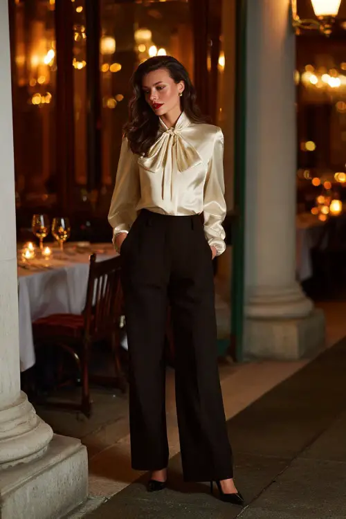 A woman over 30 wears a cream silk blouse with a bow neckline, paired with wide-leg trousers, pointed heels, and a long elegant wool coat 