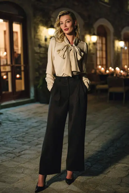 A woman over 30 wears a cream silk blouse with a bow neckline, paired with wide-leg trousers, pointed heels, and a long elegant wool coat