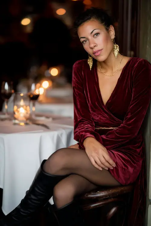 A woman over 30 wears a deep red velvet wrap dress with sheer tights, gold earrings, and tall black boots, posing beside a warm candlelit dinner venue