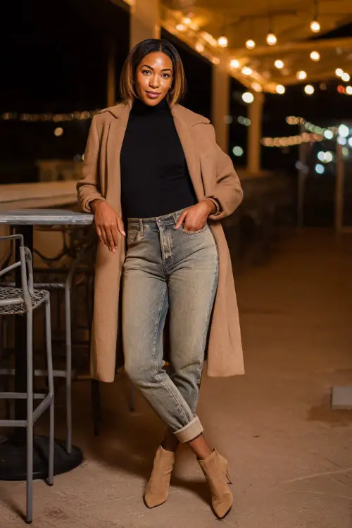 A woman over 30 wears a fitted black mock-neck top with straight-leg jeans, heeled booties, and a belted camel coat