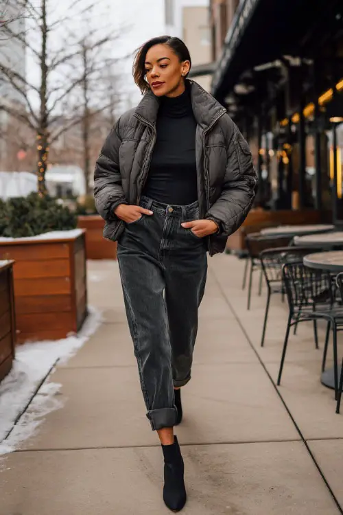 A woman over 30 wears a fitted charcoal turtleneck with high-waisted dark jeans, heeled booties, and a quilted jacket, walking along a winter café-lined sidewalk