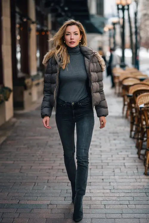 A woman over 30 wears a fitted charcoal turtleneck with high-waisted dark jeans, heeled booties, and a quilted jacket, walking along a winter café-lined sidewalk