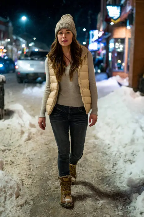A woman over 30 wears a fitted long-sleeve thermal top under a puffer vest, styled with dark jeans, warm ankle boots, and a knit beanie