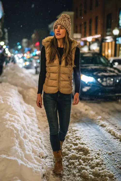A woman over 30 wears a fitted long-sleeve thermal top under a puffer vest, styled with dark jeans, warm ankle boots, and a knit beanie
