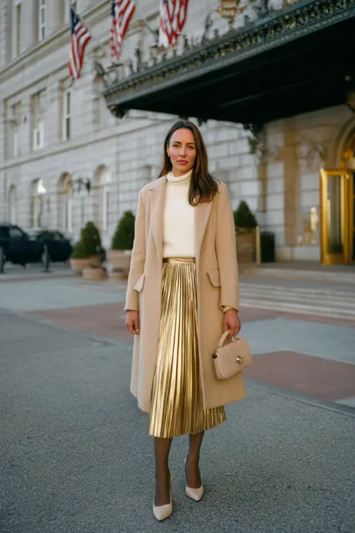 A woman over 30 wears a soft cream sweater tucked into a pleated metallic midi skirt, styled with tights, pointed heels, and a tailored camel coat