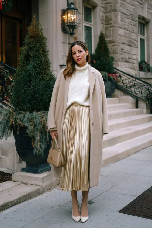 A woman over 30 wears a soft cream sweater tucked into a pleated metallic midi skirt, styled with tights, pointed heels, and a tailored camel coat