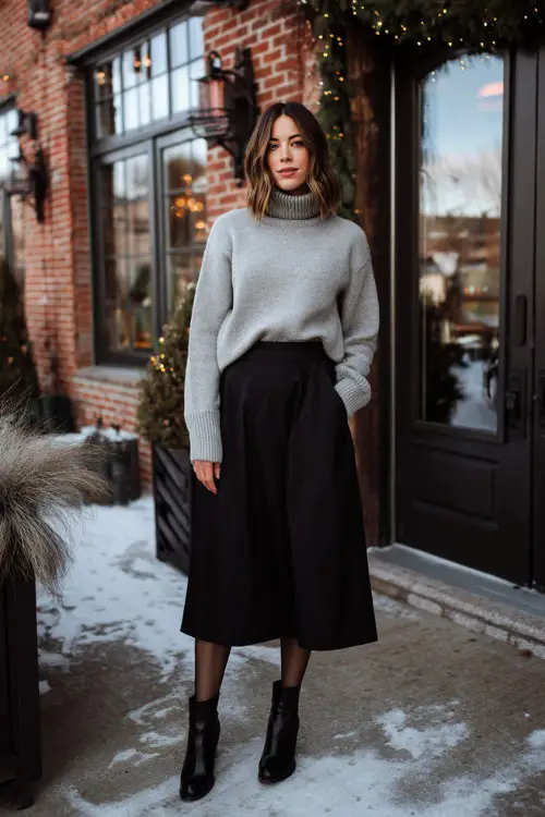 A woman over 30 wears a soft gray sweater tucked into a black A-line midi skirt, styled with tights and ankle boots, standing outside a relaxed winter dinner venue