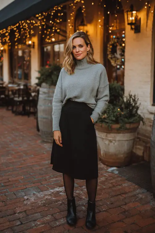 A woman over 30 wears a soft gray sweater tucked into a black A-line midi skirt, styled with tights and ankle boots, standing outside a relaxed winter dinner venue