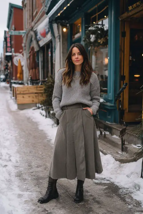 A woman over 30 wears a soft gray sweater tucked into a flowy A-line midi skirt, styled with ankle boots and a padded winter coat