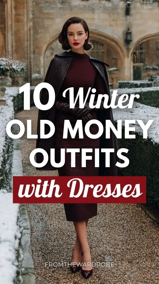 A woman over 30 wears a winter old money outfit with a dress with a structured silhouette, layered with a wool cape and leather gloves
