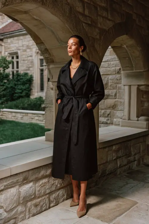A woman over 40 wears a black belted trench coat layered over a black midi dress, styled with suede heels and minimal gold jewelry 