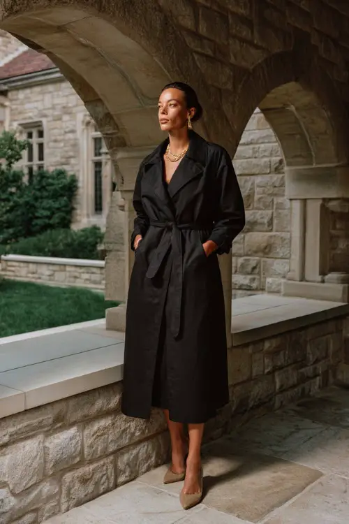 A woman over 40 wears a black belted trench coat layered over a black midi dress, styled with suede heels and minimal gold jewelry