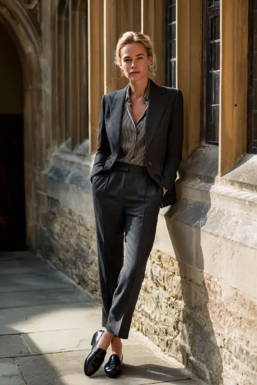 A woman over 40 wears a charcoal gray wool suit with a silk blouse and polished loafers, standing full body outside a historic library with warm light glowing through tall windows