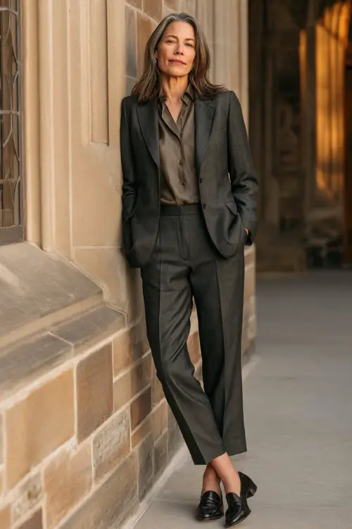 A woman over 40 wears a charcoal gray wool suit with a silk blouse and polished loafers, standing full body outside a historic library with warm light glowing through tall windows