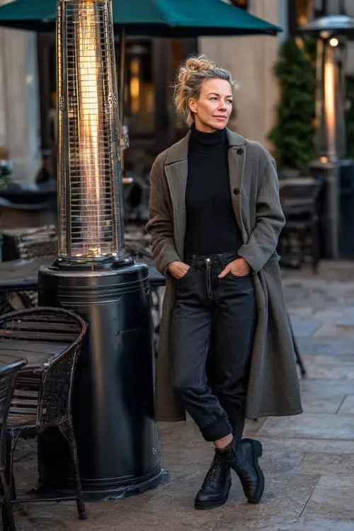 A woman over 40 wears a charcoal turtleneck tucked into black jeans, styled with leather boots and a chic wool trench coat 